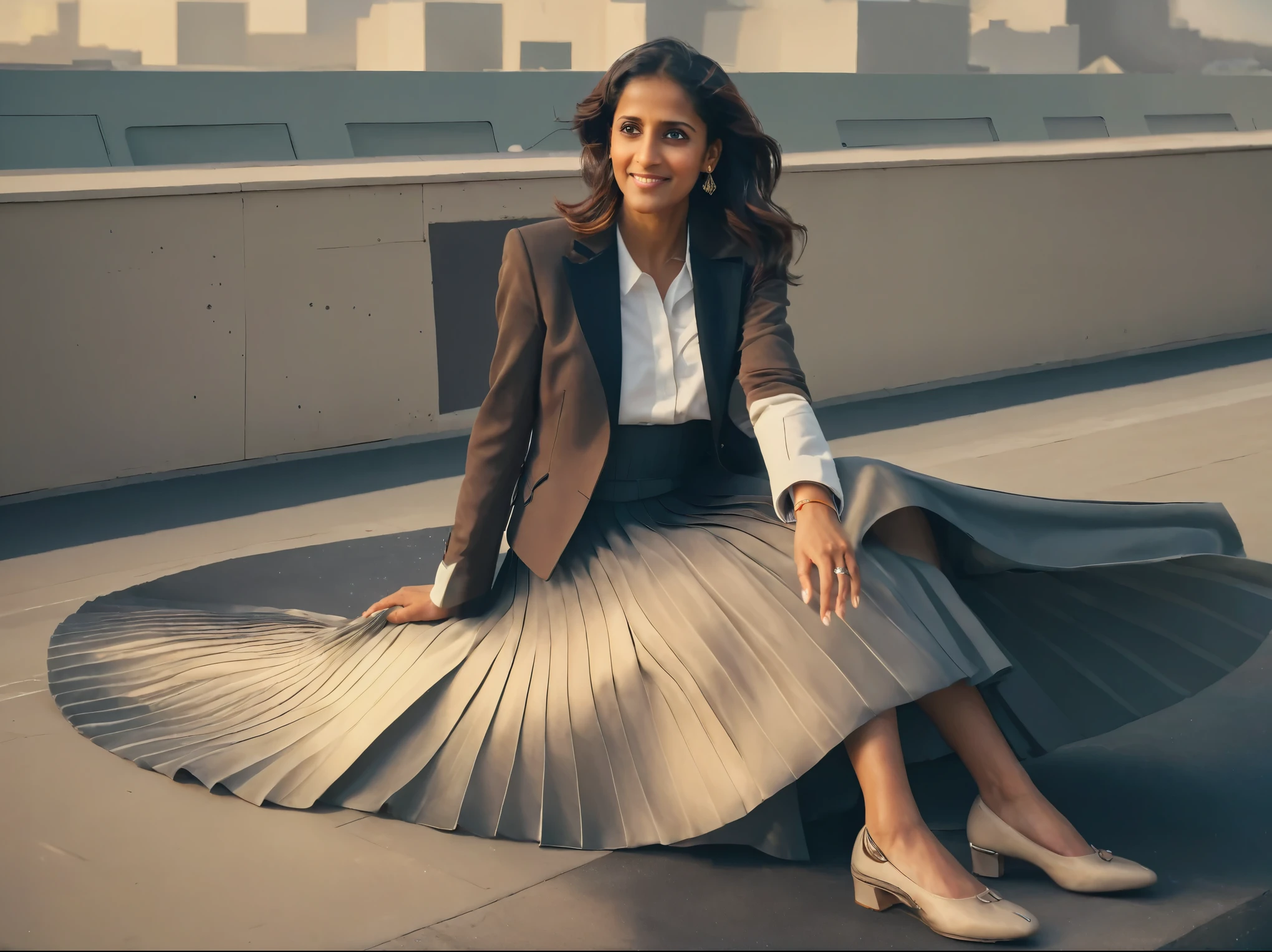 Naga Munchetty, A smiling, authentic, (shy:1,3), kind, beautiful woman, is passionately in love with her skirt, wind wildly lifts her skirt, wearing uniform jacket and very, very detailed (long (fully pleated) full circle skirt) and (low heeled court shoes), very, very intricate hyper-detailed symmetric (attractive graceful young feminine face) with (sad, tired eyes and a loving smile), very voluptuous breasts, full of empathy and compassion and love, (pronounced (feminine) features), (highly detailed ultra accurate realistic) hands and fingers, (windy), epic composition, highly detailed attributes, (35mm f1.4 Kodak portra 400 photograph), extremely high quality RAW photograph, highly detailed atmosphere, sci-fi, cinematic shot, dynamic lighting, 75mm, Technicolor, Panavision, cinemascope, sharp focus, fine details, 8k, HDR, realism, realistic, key visual, film still, superb cinematic color grading, depth of field