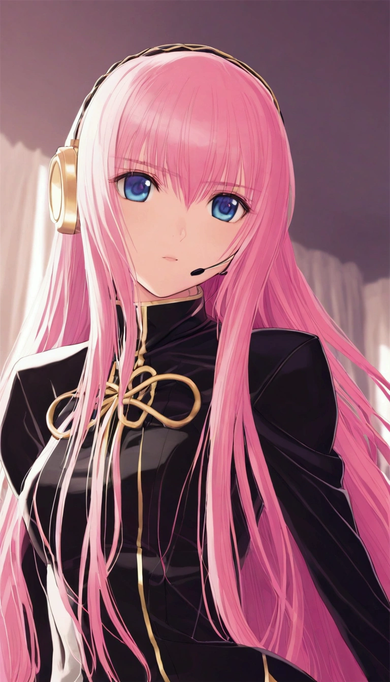 Beautiful adult woman ,Megurine Luka,Megurine Lukaの公式衣装,headphone,Black costume with gold decoration,Pink long hair,blue eyes,Bedroom