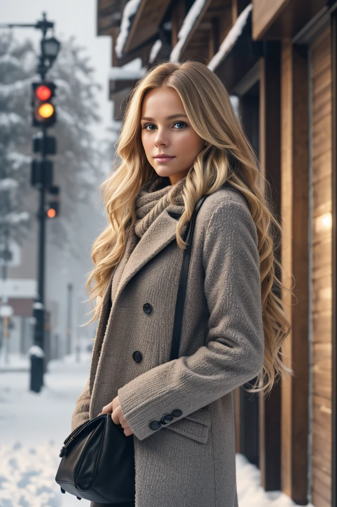 professional portrait photograph of a gorgeous Norwegian girl in winter clothing with long wavy blonde hair, sultry flirty look, gorgeous symmetrical face, cute natural makeup, wearing elegant warm winter fashion clothing, ((standing outside in snowy city street)), stunning modern urban environment, ultra realistic, concept art, elegant, highly detailed, intricate, sharp focus, depth of field, f/1. 8, 85mm, medium shot, mid shot, (((professionally color graded))), bright soft diffused light, (volumetric fog), trending on instagram, hdr 4k, 8k