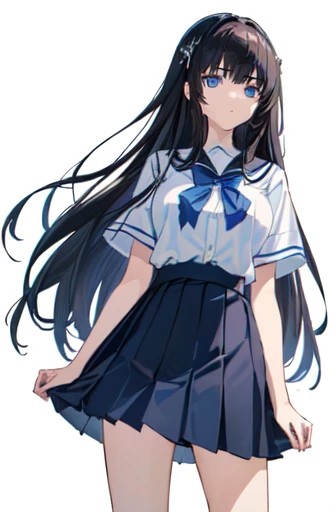 ((Highest quality)), ((masterpiece)), (detailed), ((One Girl))、(High school girls)、((A photo showing your thighs to the top of your head))、(Standing straight, facing the camera)、sad look、Anxious expression、Timid look、Worried brow、Long black hair、Straight Hair、Blue Eyes、uniform、(White short sleeve shirt)、Pleated skirt、Slender figure、White background