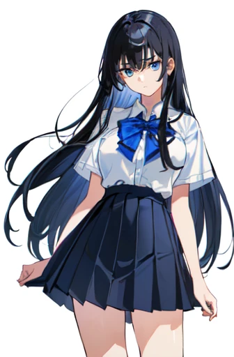 ((Highest quality)), ((masterpiece)), (detailed), ((One Girl))、(High school girls)、((A photo showing your thighs to the top of your head))、(Standing straight, facing the camera)、sad look、Anxious expression、Timid look、Worried brow、Long black hair、Straight Hair、Blue Eyes、uniform、(White short sleeve shirt)、Pleated skirt、Slender figure、White background