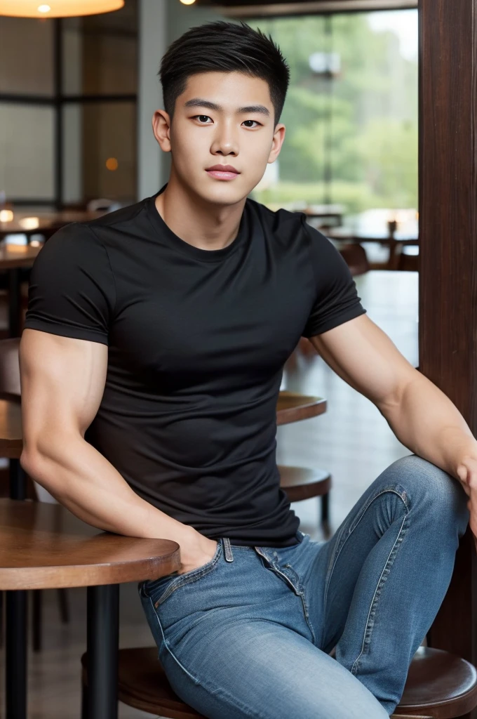 ((realistic daylight)) , Young Korean man in only a black sports shirt, no stripes, and jeans., A handsome, muscular young Asian man looks at the camera.  , in the restaurant ,turn sideways
