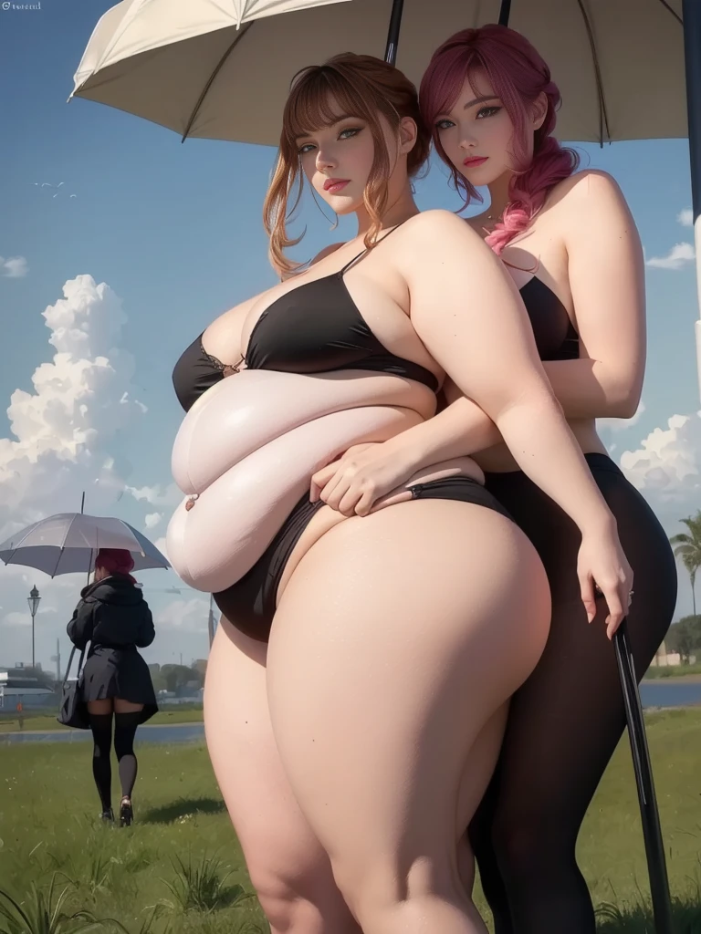 il y a deux femmes qui se tiennent sous un parapluie, art géante, épais, proportions d'oppai, Krenz Cushart et Asher Duran, bbwchan, photo de géante très détaillée, mignonsexyrobutts, aspect lourd, Loish et wlop, elle a un ventre rond et gros, kenz cushart, géant et gros
