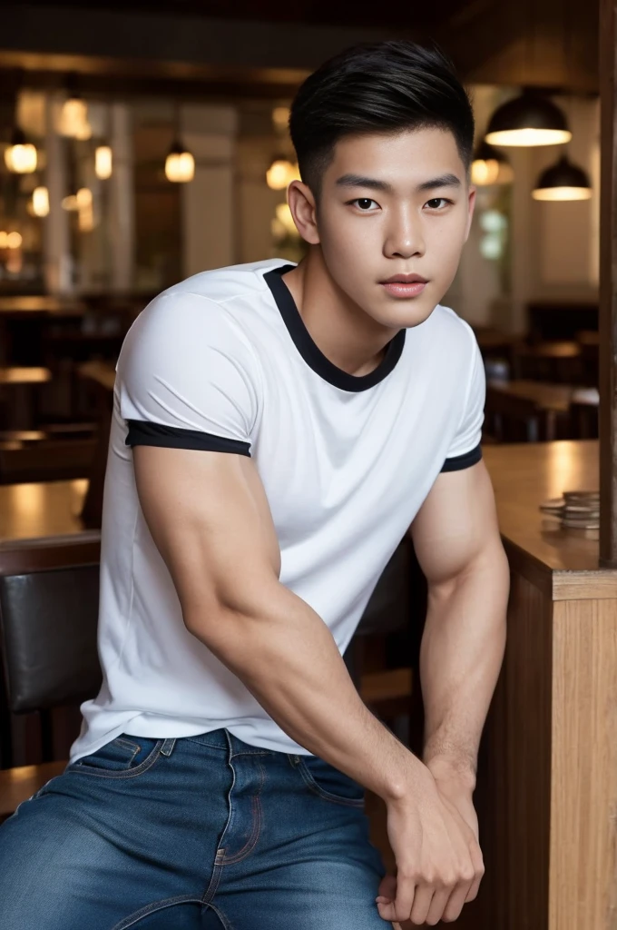 ((realistic daylight)) , Young Korean man in only a black sports shirt, no stripes, and jeans., A handsome, muscular young Asian man looks at the camera. , in the restaurant ,turn sideways