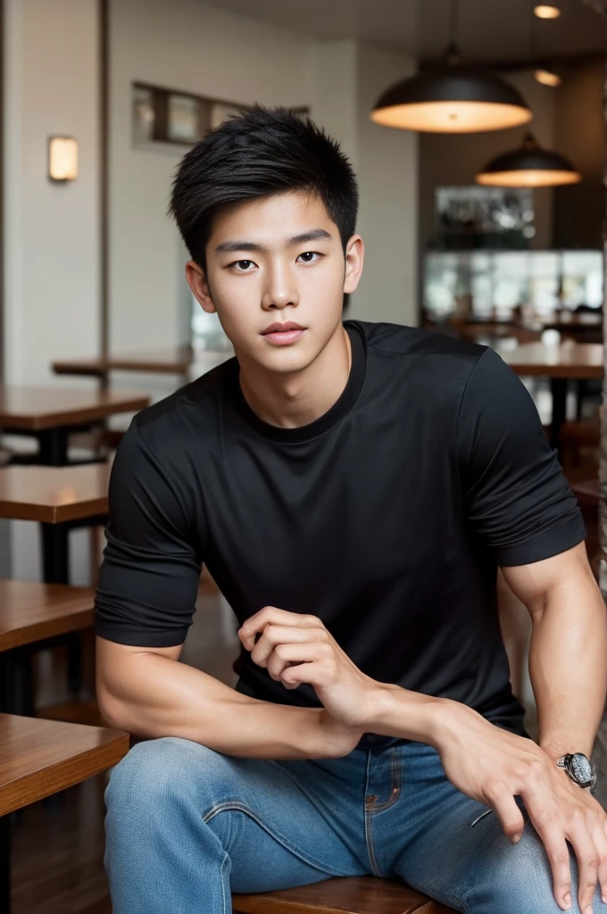 ((realistic daylight)) , Young Korean man in only a black sports shirt, no stripes, and jeans., A handsome, muscular young Asian man looks at the camera. , in the restaurant ,turn sideways