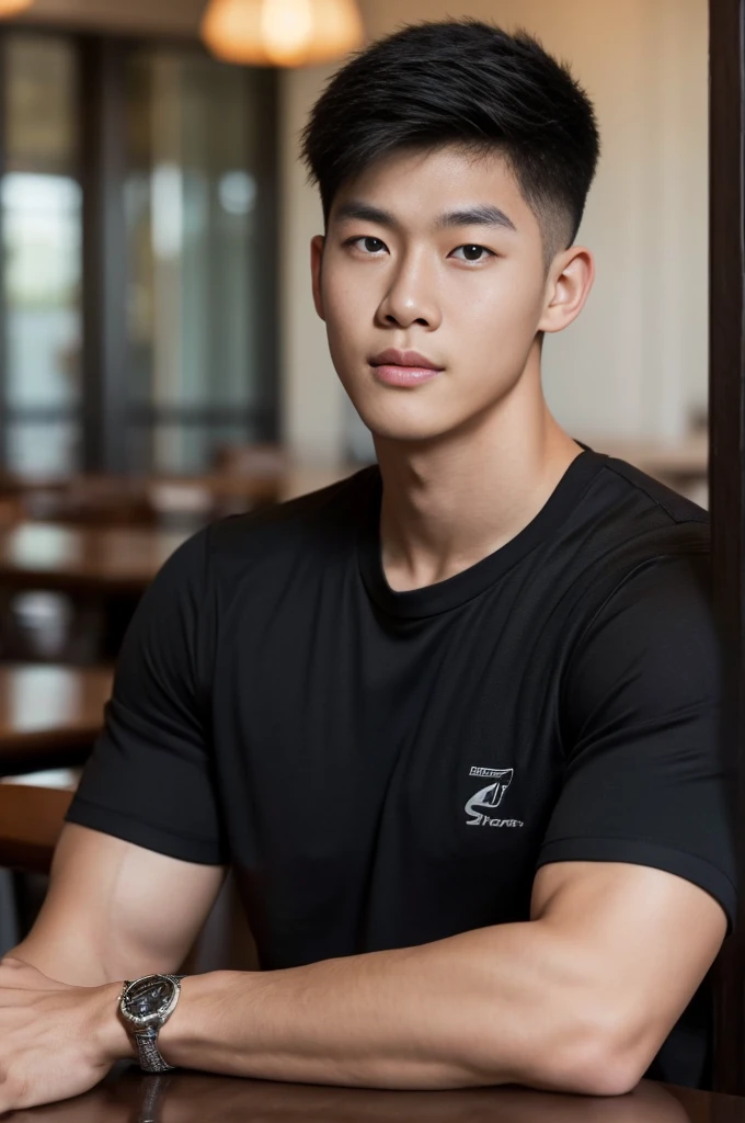 ((realistic daylight)) , Young Korean man in only a black sports shirt, no stripes, and jeans., A handsome, muscular young Asian man looks at the camera. , in the restaurant ,turn sideways