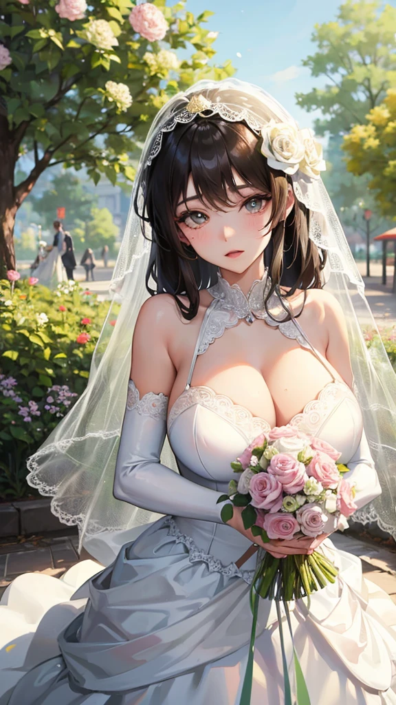 Girl with huge breasts wearing a micro wedding dress with a lace neckline in the park with a veil and bouquet