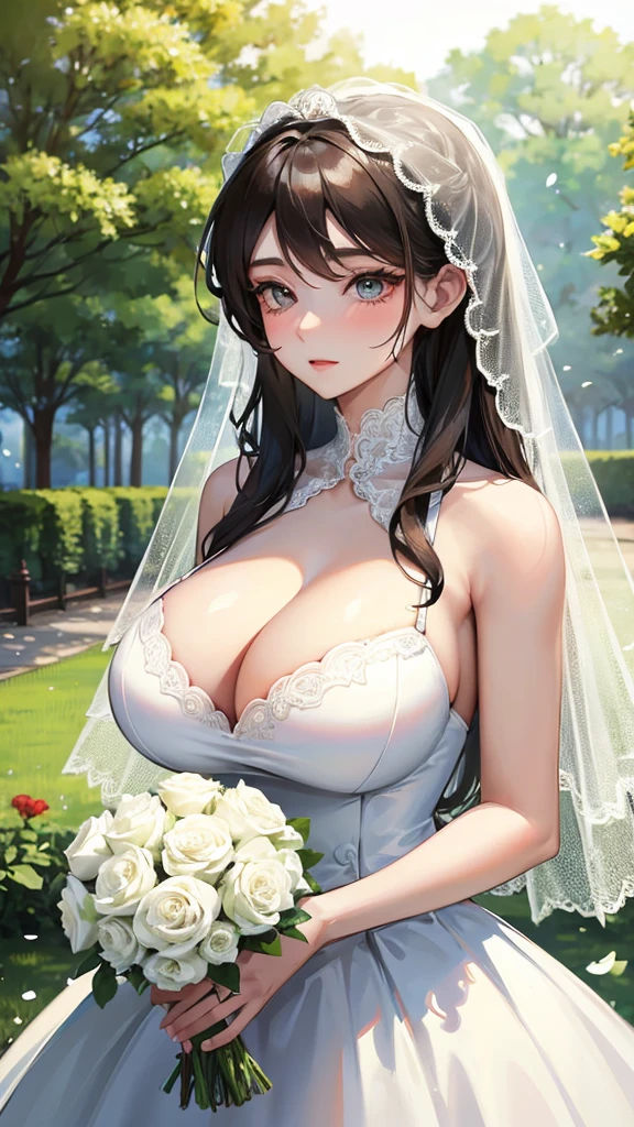 Girl with huge breasts wearing a micro wedding dress with a lace neckline in the park with a veil and bouquet