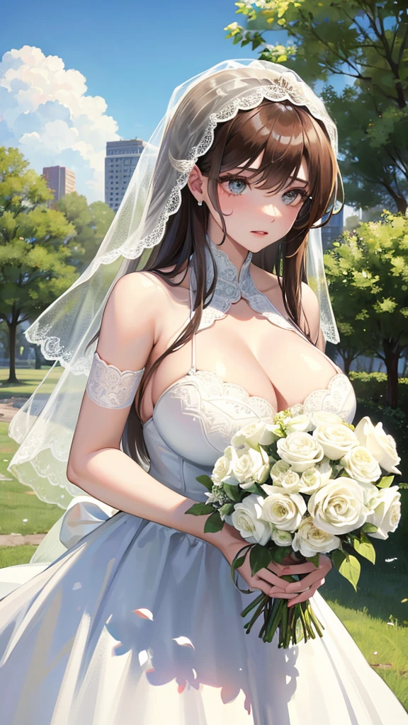 Girl with huge breasts wearing a micro wedding dress with a lace neckline in the park with a veil and bouquet