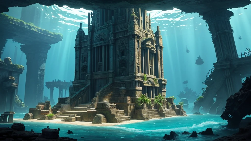 Lost City of Atlantis: Create an underwater cityscape, combining elements of ancient architecture and advanced alien technology.