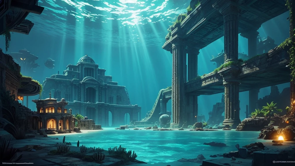 Lost City of Atlantis: Create an underwater cityscape, combining elements of ancient architecture and advanced alien technology.