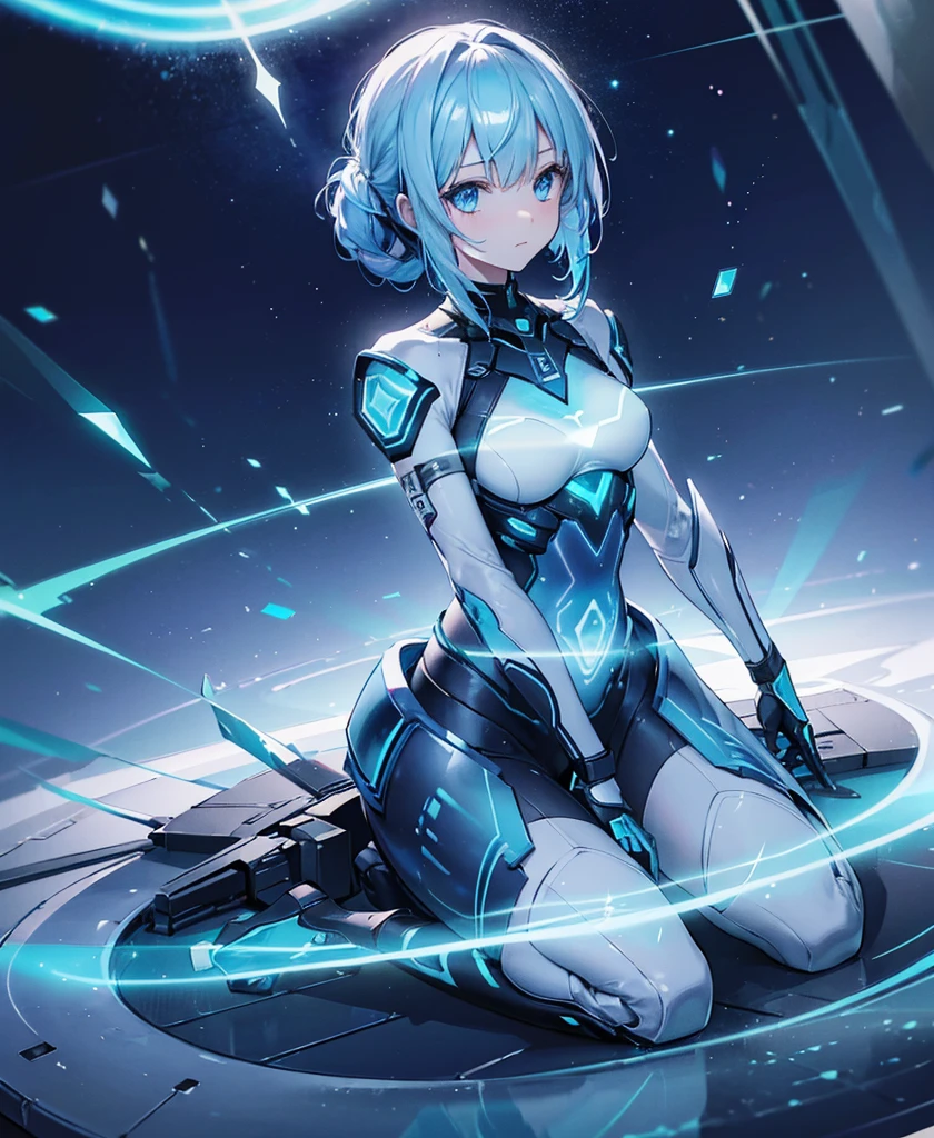 ((Holographic glow effect)),8k, Highest quality, (real:1.4), Original photo, 1 girl, Asari Hair, Biological Amplifier, refined armor, posture: Peace talks between warring factions, smart blue eyes,whole body,Vortex of Light,Band of Light,Wind of Light