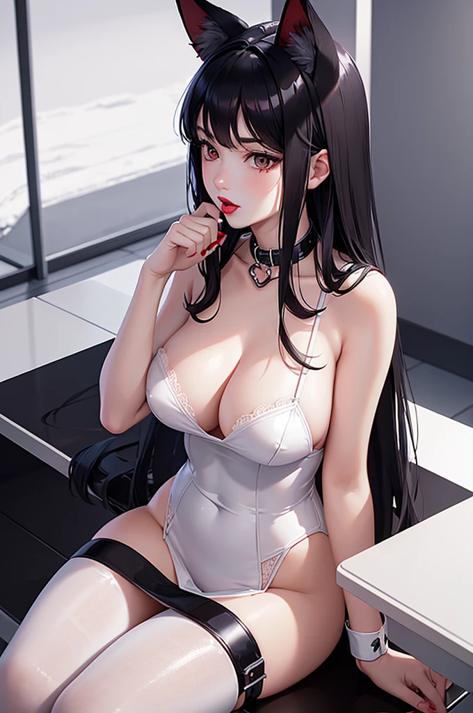 Detailed facial details，bust，16 years old，1 girl，Red lips，Cat ear，Black long hair，Wearing a snow-white latex shirt，Large Breasts，Slim，Tied to stone pillars，Handcuffs，Collar，Radiant Skin，Gallows