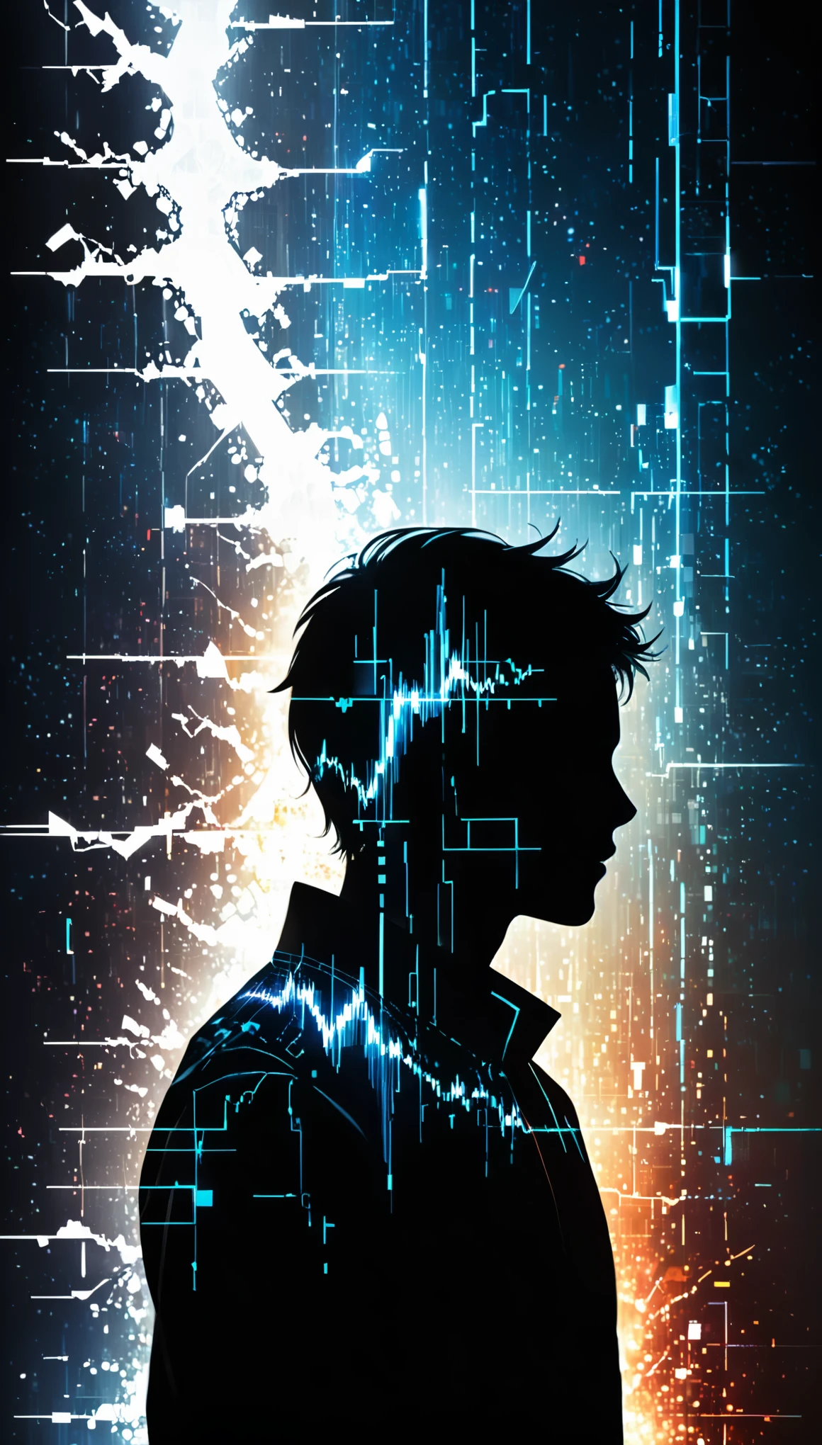 concept design,silhouette,half body,reality,photo_(medium),realistic,mosaic,(electronic fault effect:2.1),time-lapse,sci-fi style background,glitch,Extreme Flash,Disorder,broken,Particle diffraction diffuses gradient light,