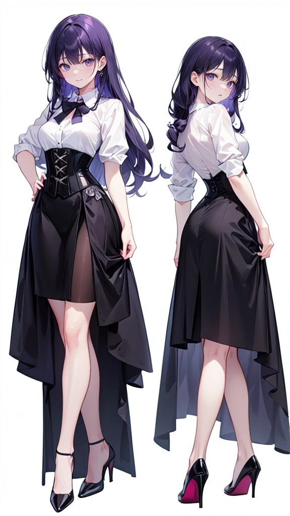 Purple Hair,Super long hair with volume,Adult female,(suit),White Y-shirt,((Rolling up his sleeves)),(corset),(Black skirt),(Slim silhouette skirt),(High heels),Heels are visible,((Simple white background)),smile,((whole body)),((full body)),Character Sheet,