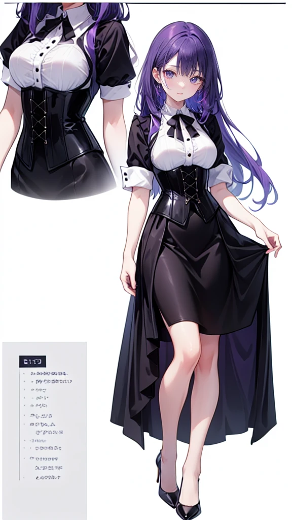 Purple Hair,Super long hair with volume,Adult female,(suit),White Y-shirt,((Rolling up his sleeves)),(corset),(Black skirt),(Slim silhouette skirt),(High heels),Heels are visible,((Simple white background)),smile,((whole body)),((full body)),Character Sheet,