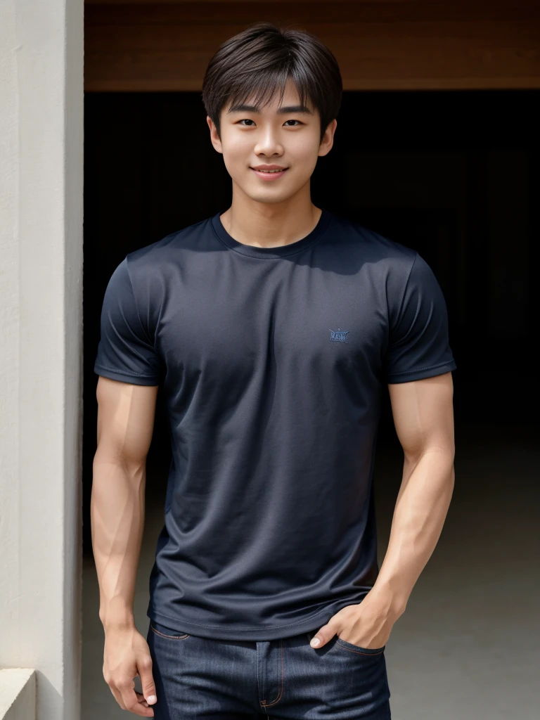 独奏: 1.5, (As a matter of fact, Masterpiece, 8k HD, good light quality, sportswear, fit the face, complicated details), A handsome Korean young man with muscular arms. , 20 years old, be happy, smile brightly, detailed face, delicate eyes, look at the sky, Wear a navy tight T-shirt.:1.6 , jeans period, black eyes, Black hair color, ผมsmooth, smooth，Surreal，Superb details，Highest quality，real，Open your mouth to talk. , Close your eyes., (standing in the football field:1.1)