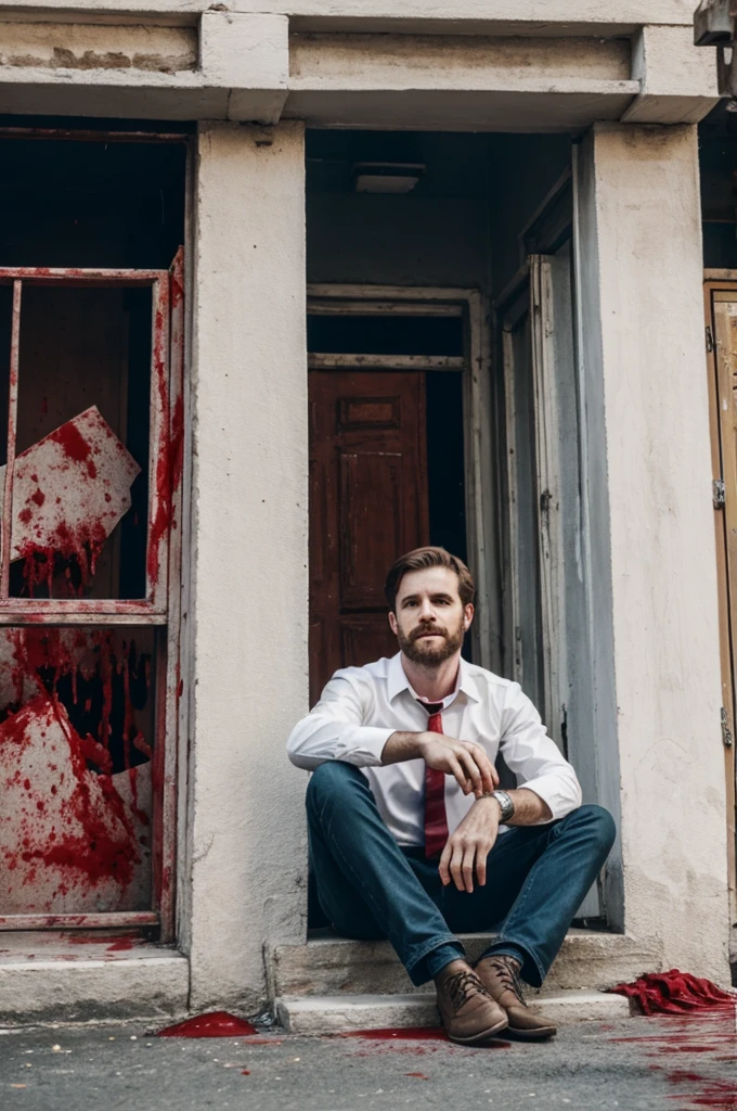 White man sitting in front of a building with his hands full of blood 