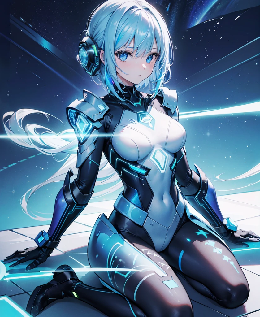 ((Holographic glow effect)),8k, Highest quality, (real:1.4), Original photo, 1 girl, Asari Hair, Biological Amplifier, refined armor, posture: Peace talks between warring factions, smart blue eyes,whole body,Vortex of Light,Band of Light,Aurora