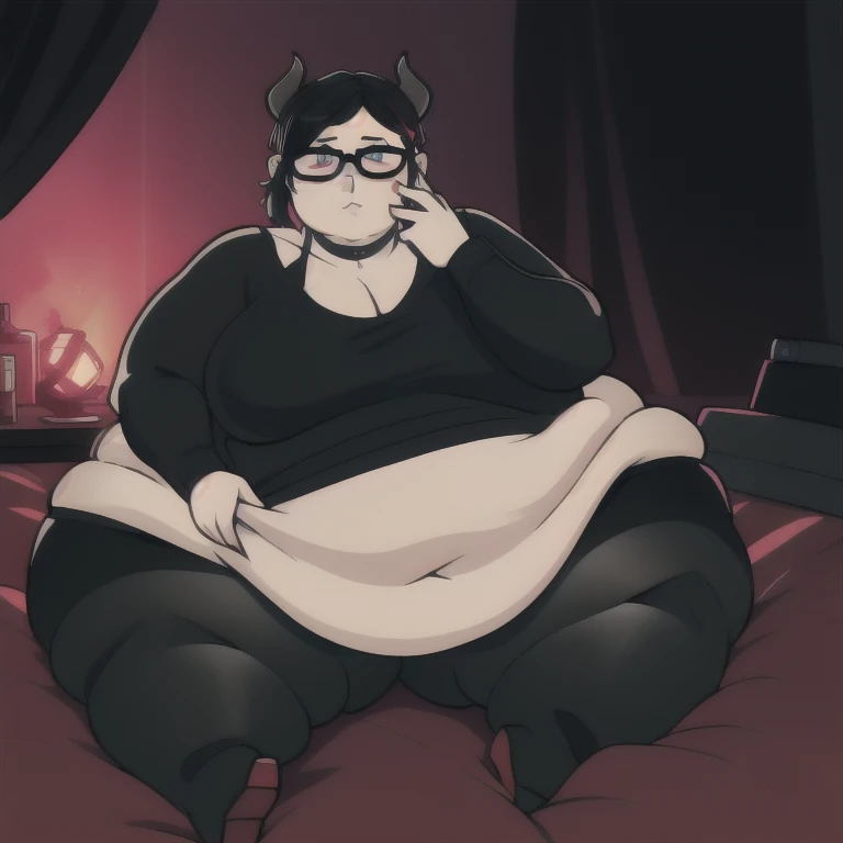 Succubus woman, A  goth woman with smooth skin, a tall and curvy figure, highres, white outline, and a hyper massive voluptuous body. She has large thick fat breasts, (gigantic breasts,  1.5), she has thick breasts, an extremely thick giant fat enormous sexy huge humongous gigantic ass, and horns, thick figure. The woman has cute short wild black hair that covers one eye, bright red cat-like eyes, and is wearing cute glasses. She has a seductive expression, moaning, lust face. The woman is wearing a large black sweater and gray leggings, wearing a spiked choker, wearing black makeup, and has black horns, larg black demon wings,  long demon tail. She is laying seductively on a bed, holding her belly, sweating, moaning, and gaining weight, with a sexy fat body. ((obese, fat, excess fat)), (morbidly obese body:1.5) (fat neck and chin) (obese:1.1). (Very large thighs) (((Colossal thighs, massive thighs,  very large thighs))), (best quality,4k,8k,highres,masterpiece:1.2),ultra-detailed,(realistic,photorealistic,photo-realistic:1.37),HDR,UHD,studio lighting,ultra-fine painting,sharp focus,physically-based rendering,extreme detail description,professional,vivid colors,bokeh,portraits,horror,goth, fantasy