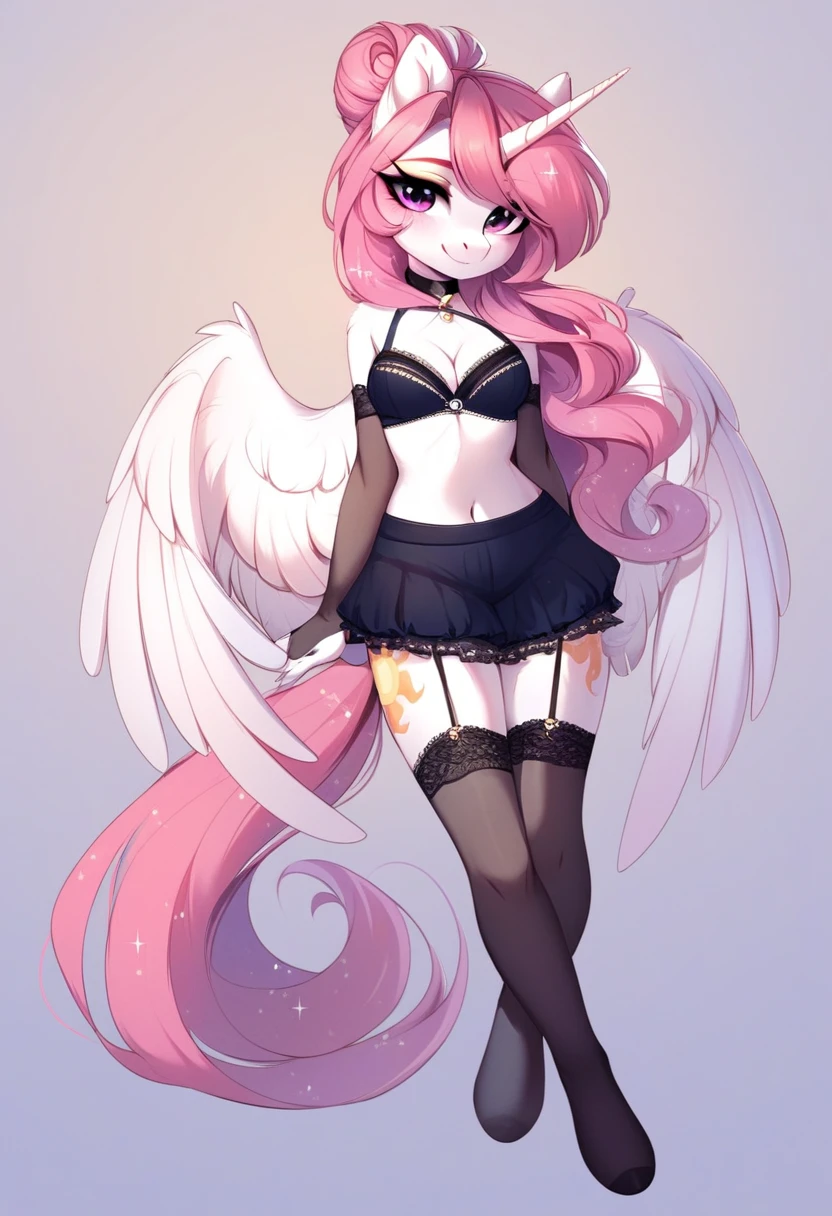 check_9, check_8_up, check_7_up, source_fluffy, rating_safe, from Magnaluna, Celestia poses seductively in a white bedroom, hair bun with bangs, pink eyes, white body, anthro, blushing, wearing goldern lingerie, full body