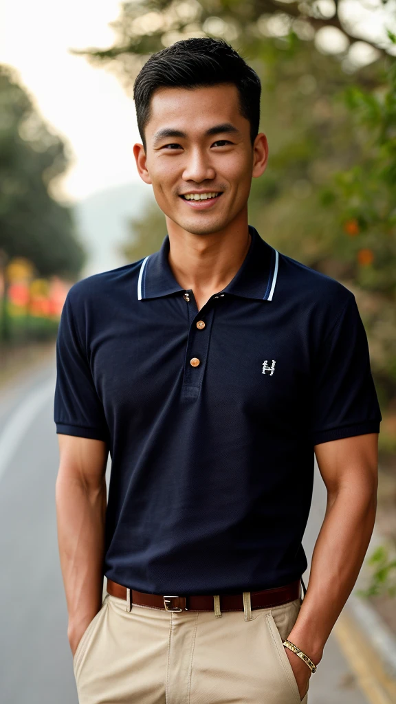 Thai man ,man，He is about 30 years old..，Rough and handsome appearance，large breastsj，Big waistline，buzz cut, angry, sullen, best quality, Masterpiece，（Have muscles：4.5），(best quality,high resolution,Masterpiece:1.2),The eyes are natural and delicate..,1 person,alone,gay asian,muscle,Long legs,brave,short hair details,conjunctivitis ,strong,brown eyes, (outdoor background road :1.5)，in the market，sit (dark blue polo shirt:1.3),Jeans ,smile