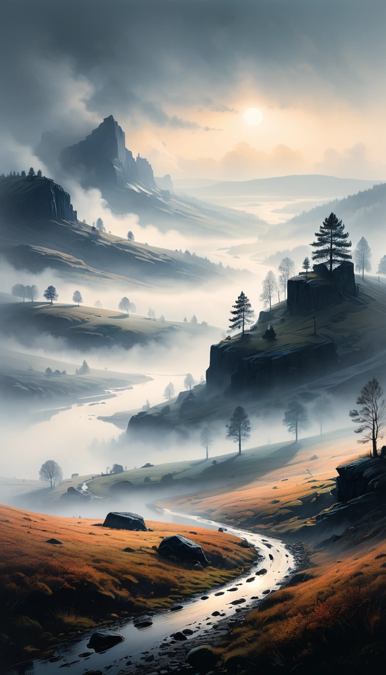 sketch, minimalistic, color ink and pencil, swedish landscape, photorealistic, foggy background, magic, volumetric lighting, hard light, incredible sense of depth, 8K, by jean-sebastien rossbach