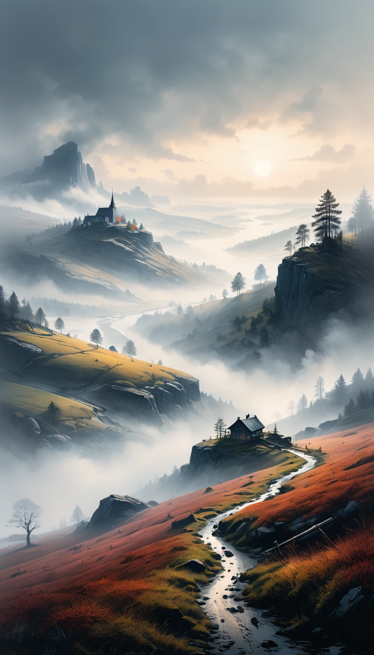 sketch, minimalistic, color ink and pencil, swedish landscape, photorealistic, foggy background, magic, volumetric lighting, hard light, incredible sense of depth, 8K, by jean-sebastien rossbach