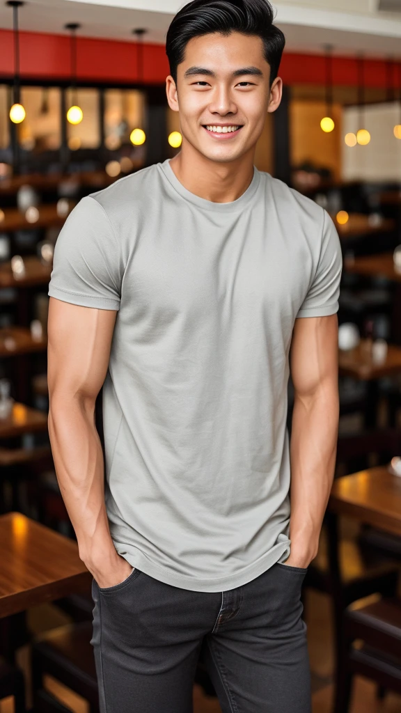 single: 1.5, (ที่TRUEแล้ว, Masterpiece, 8k HD, good light quality, sportswear, to fit the face, complicated details), A handsome Korean man with muscular arms.. , 20 years old, be happy, smile brightly, detailed face, delicate eyes, look at the sky, Wearing a tight gray t-shirt:1.6 ,Wear a denim coat.., Jeans era, black eyes, Black hair color, ผมsmooth, smooth，SurTRUE，Excellent details，Highest quality，TRUE，Open your mouth to talk.. , Close your eyes.., (Standing in a restaurant:1.5)