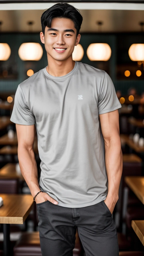 single: 1.5, (ที่TRUEแล้ว, Masterpiece, 8k HD, good light quality, sportswear, to fit the face, complicated details), A handsome Korean man with muscular arms.. , 20 years old, be happy, smile brightly, detailed face, delicate eyes, look at the sky, Wearing a tight gray t-shirt:1.6 ,Wear a denim coat.., Jeans era, black eyes, Black hair color, ผมsmooth, smooth，SurTRUE，Excellent details，Highest quality，TRUE，Open your mouth to talk.. , Close your eyes.., (Standing in a restaurant:1.5)