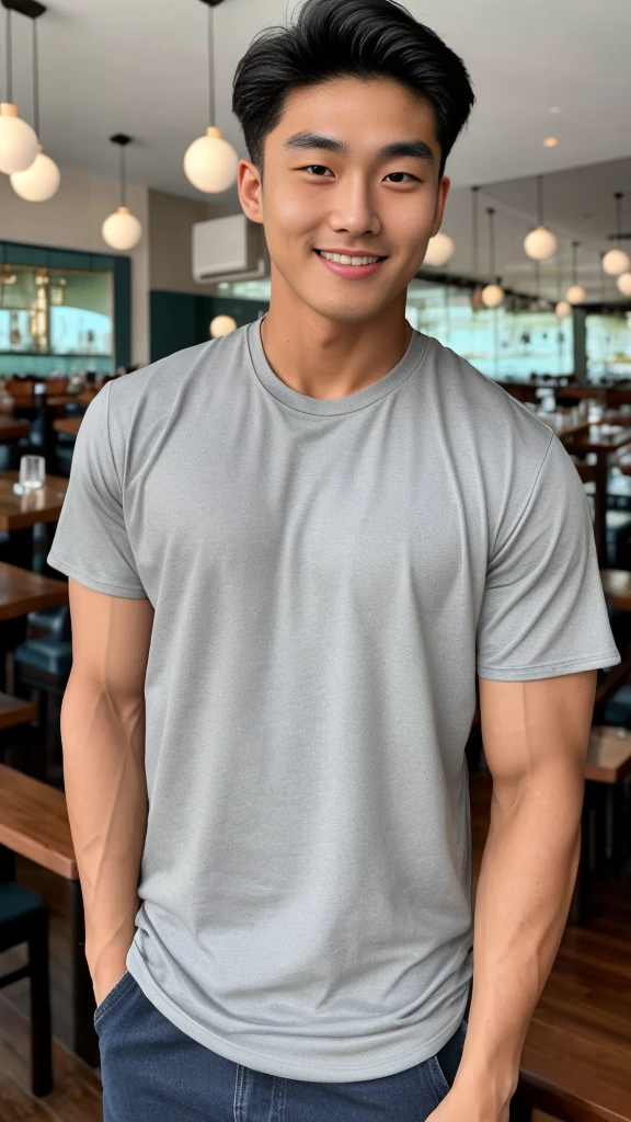 single: 1.5, (ที่TRUEแล้ว, Masterpiece, 8k HD, good light quality, sportswear, to fit the face, complicated details), A handsome Korean man with muscular arms.. , 20 years old, be happy, smile brightly, detailed face, delicate eyes, look at the sky, Wearing a tight gray t-shirt:1.6 ,Wear a denim coat.., Jeans era, black eyes, Black hair color, ผมsmooth, smooth,SurTRUE,Excellent details,Highest quality,TRUE,Open your mouth to talk.. , Close your eyes.., (Standing in a restaurant:1.5)