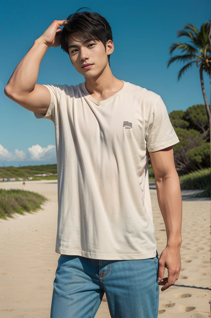 A young Asian man stands, handsome, muscular, looking at the camera. In a plain brown t-shirt, Fieldside, grass, beach, sunlight