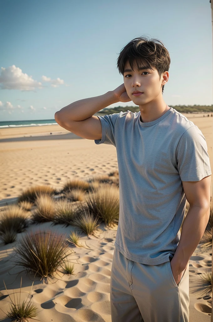 A young Asian man stands, handsome, muscular, looking at the camera. In a plain brown t-shirt, Fieldside, grass, beach, sunlight