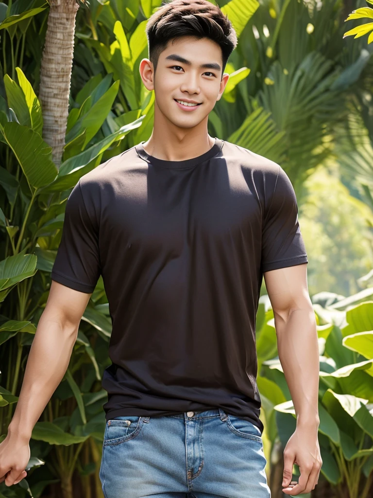 man , Brown t-shirt, jeans, black short hair , outdoor , cute smile , หน้าhandsomeแบบเกาหลีสมจริง , modest muscles , Masterpiece、High resolution、Surreal、detailed face、alone、man、Glowing skin、(Asia)、handsome、Detailed background