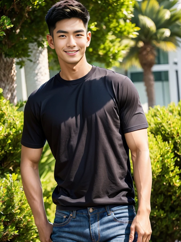 man , Brown t-shirt, jeans, black short hair , outdoor , cute smile , หน้าhandsomeแบบเกาหลีสมจริง , modest muscles , Masterpiece、High resolution、Surreal、detailed face、alone、man、Glowing skin、(Asia)、handsome、Detailed background