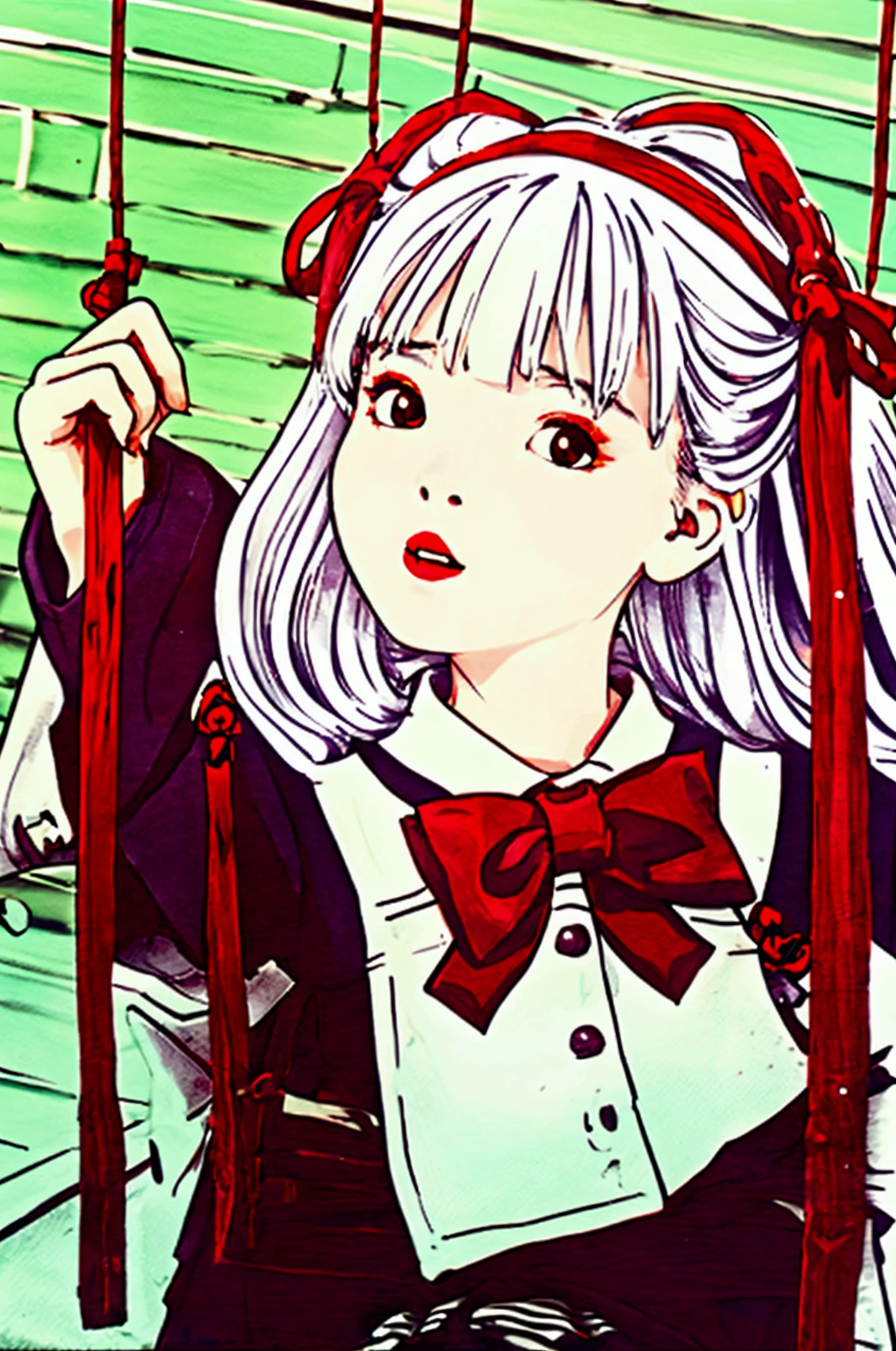 Little girl with white hair，With a garland on the head，The wreath is attached with red hairbands on both sides，Sitting on the swing，There is a grave under the swing，Bow your head，Looking at the grave