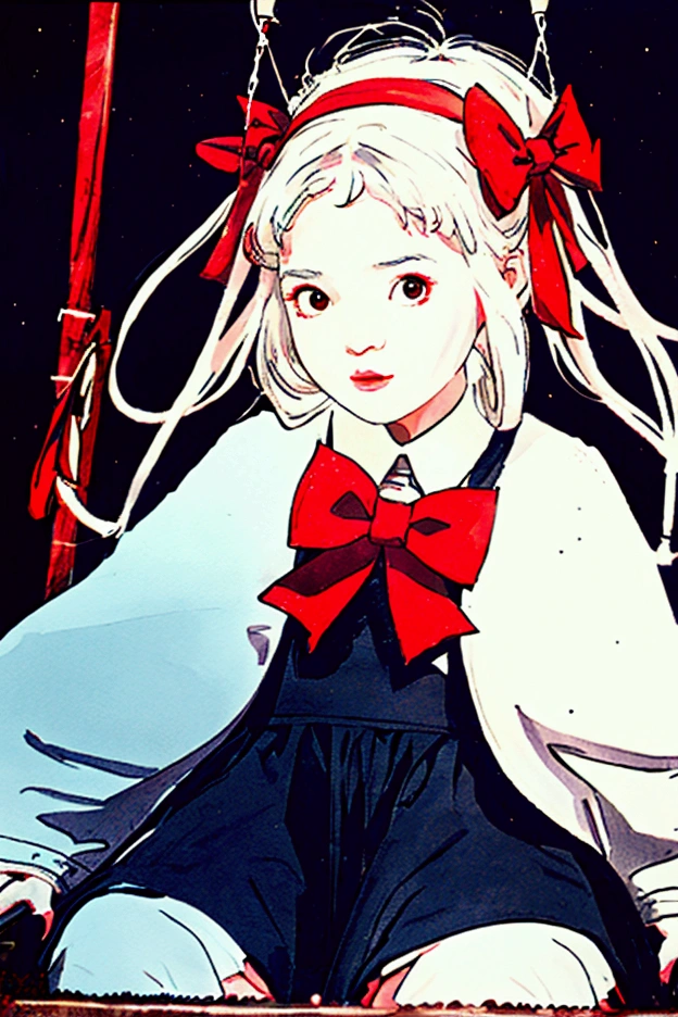 Little girl with white hair，With a garland on the head，The wreath is attached with red hairbands on both sides，Sitting on the swing，There is a grave under the swing，Bow your head，Looking at the grave