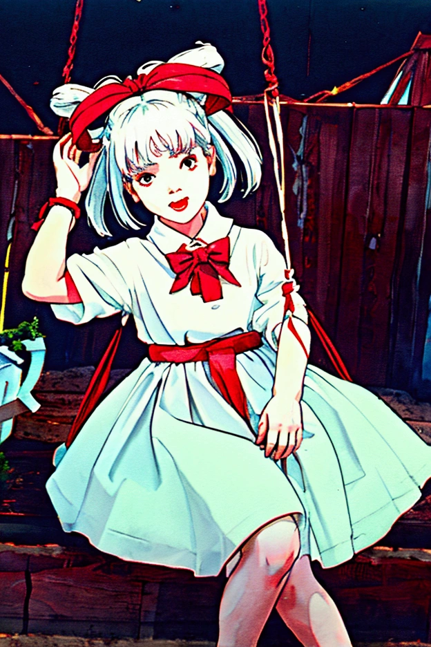  with white hair，With a garland on the head，The wreath is attached with red hairbands on both sides，Sitting on the swing，There is a grave under the swing，Bow your head，Looking at the grave