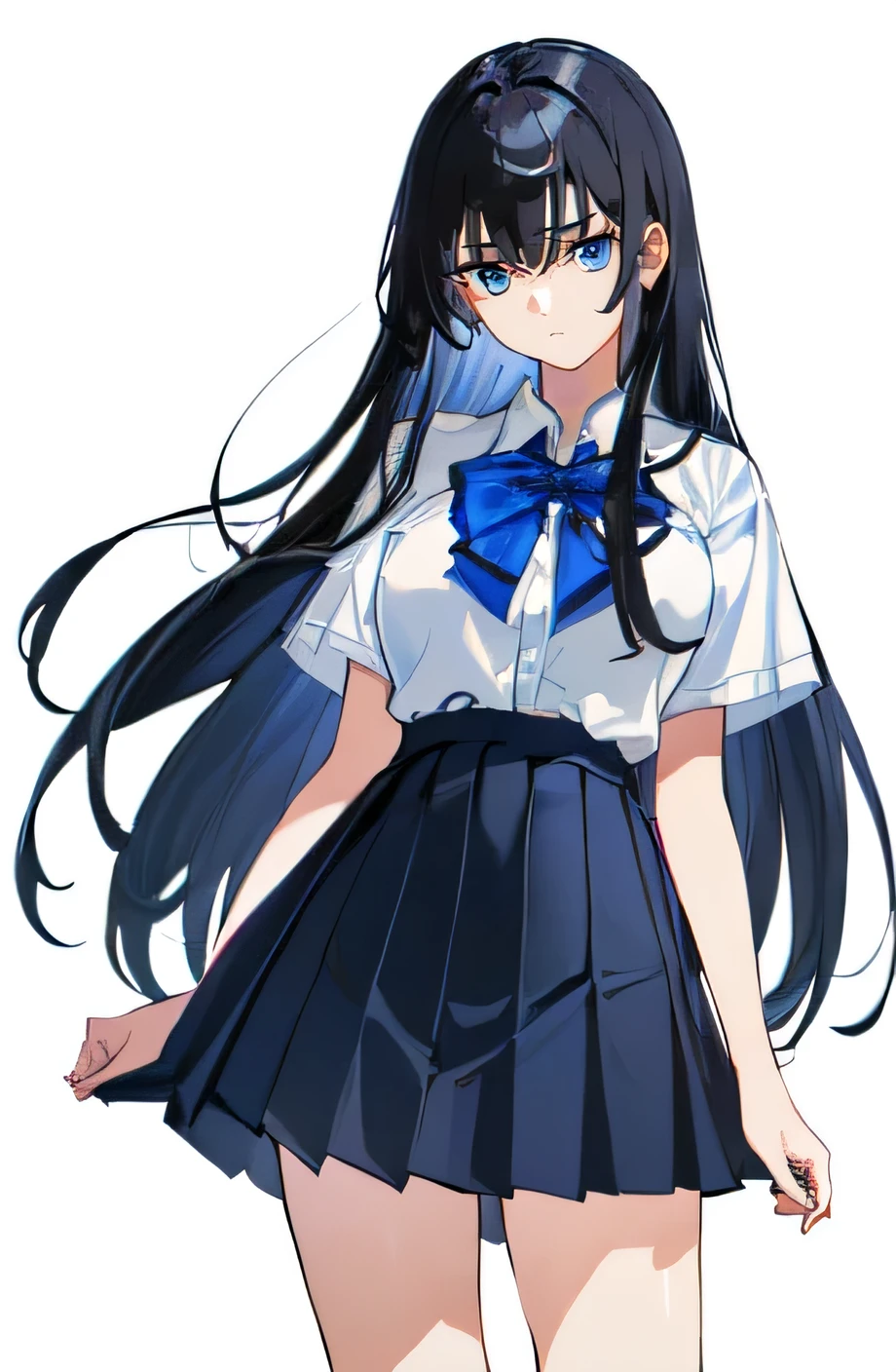 ((Highest quality)), ((masterpiece)), (detailed), ((One Girl))、(High school girls)、((A photo showing your thighs to the top of your head))、(Standing straight, facing the camera)、sad look、Anxious expression、Timid look、Worried brow、Long black hair、Straight Hair、Blue Eyes、uniform、(White short sleeve shirt)、Pleated skirt、Slender figure、White background