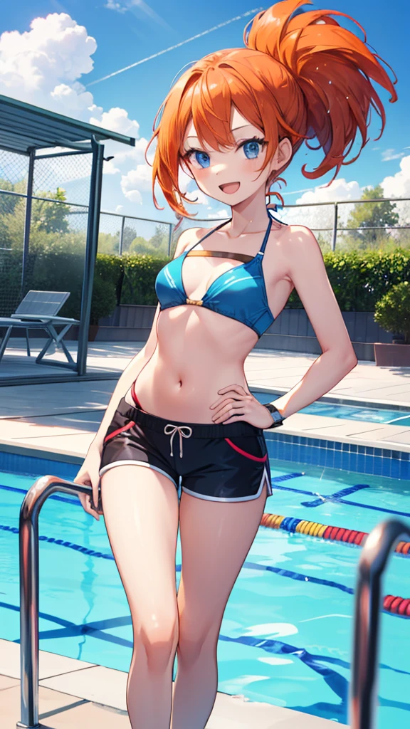 1 girl, masterpiece, best quality, highres, ro1, Misty from pokemon, hair bun, blue eyes, bikini top, blue bicycle shorts, small ponytail on the side, wristwatch, standing, hand on hip, smile, open mouth, (sparkle:1.1), orange hair, medium breasts, 3/4 body view, outdoors, swimming pool