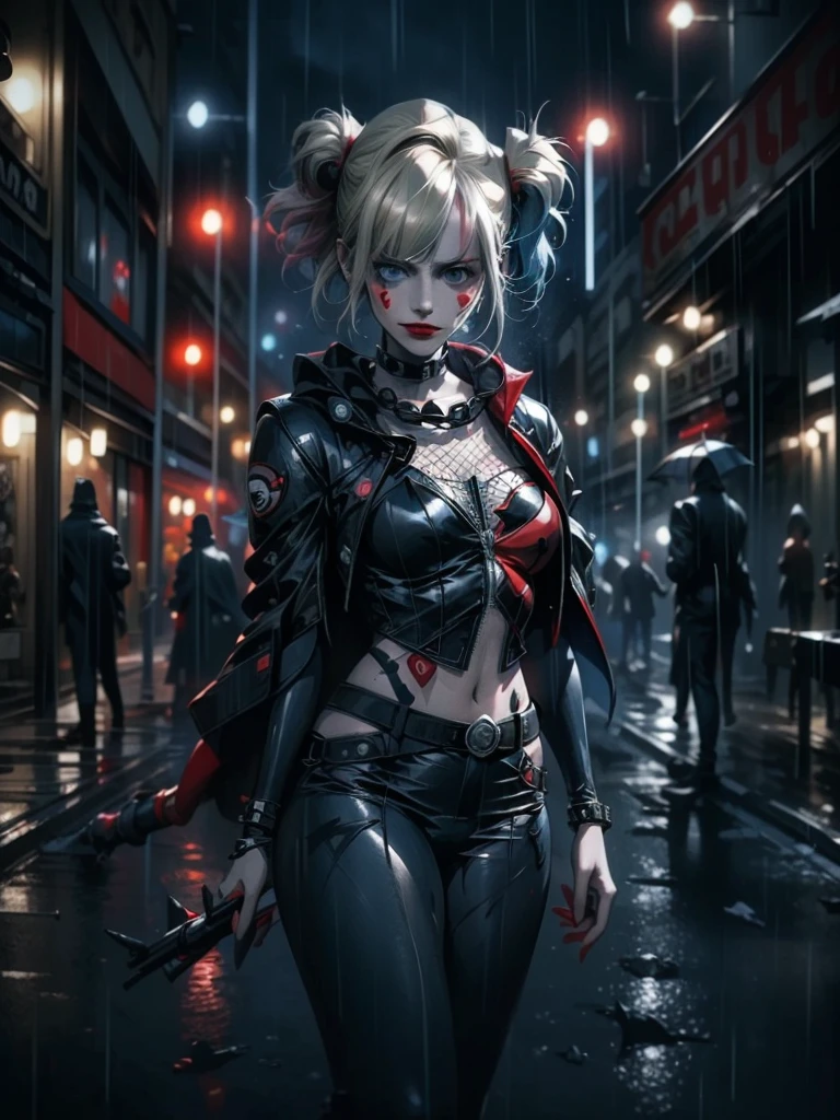 Full shot, Harley Quinn wearing the Batsuit in the heavy rain. on the streets of ghotam city in a neo city style. serious expression. walking. batman suit, batman cape flying through the air behind her. accessories related to batman and harley. overnight. detailed. detailed face. professional illustration. 8k. dark colors.  Anime style.