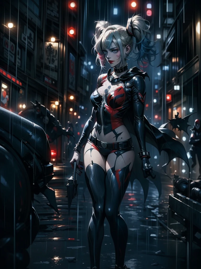 Full shot, Harley Quinn wearing the Batsuit in the heavy rain. on the streets of ghotam city in a neo city style. serious expression. walking. batman suit, batman cape flying through the air behind her. accessories related to batman and harley. overnight. detailed. detailed face. professional illustration. 8k. dark colors.  Anime style.