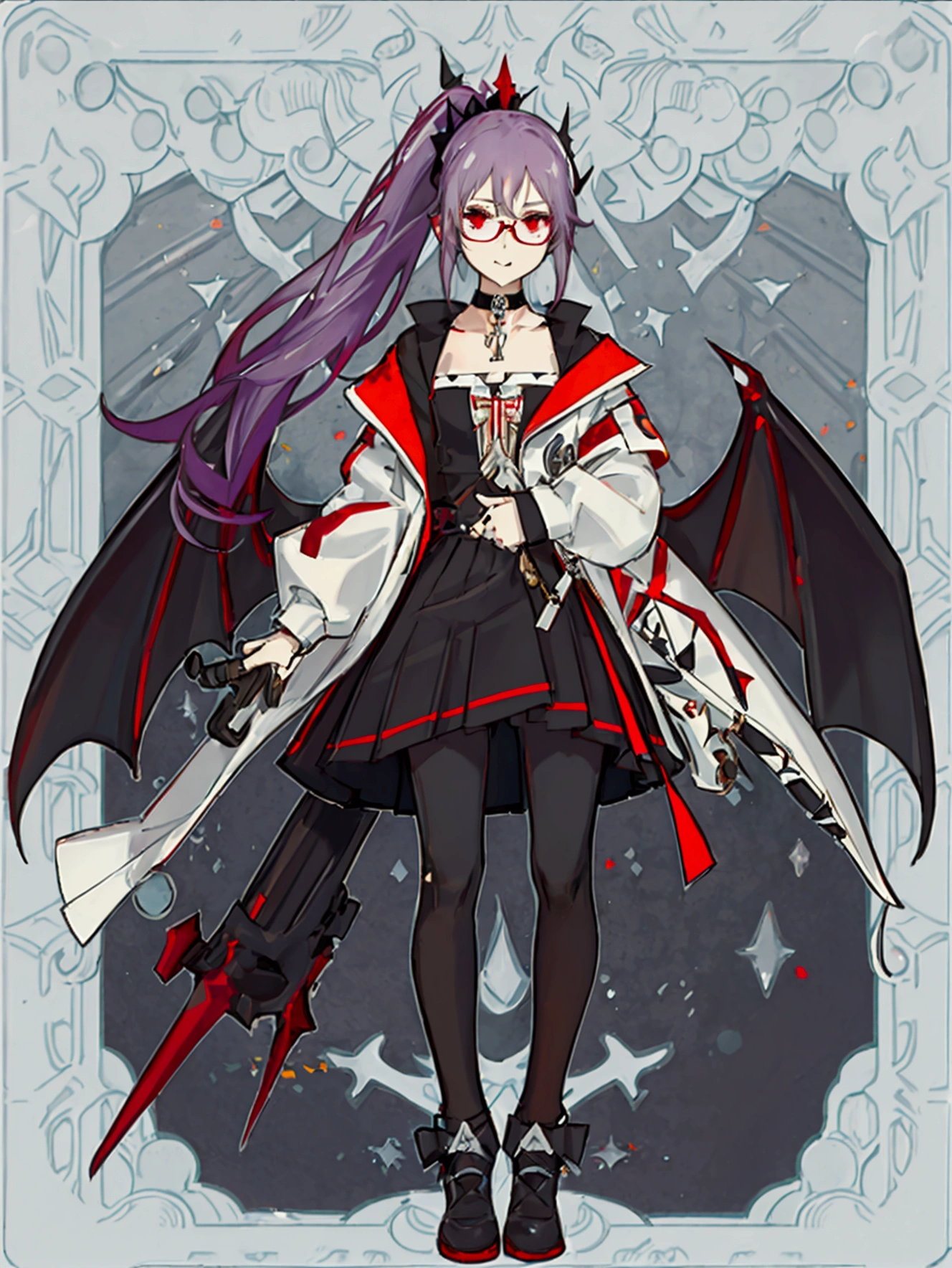 Hair: Purple hair styled into a high side ponytail on the right side with bat wing-like decorations. Eyes: Red eyes with glasses. Outfit: White jacket with black cuffs and collar, worn over an orange top. The character also has a red and black skirt with a unique design, featuring a red, crisscrossed flap on the left side, and black pants underneath. Accessories: A collar or choker around the neck. Expression: Neutral expression with a small fanged tooth visible, giving a hint of a vampiric or mischievous nature. The character has a distinct and stylish appearance, blending elements of casual and fantasy attire.