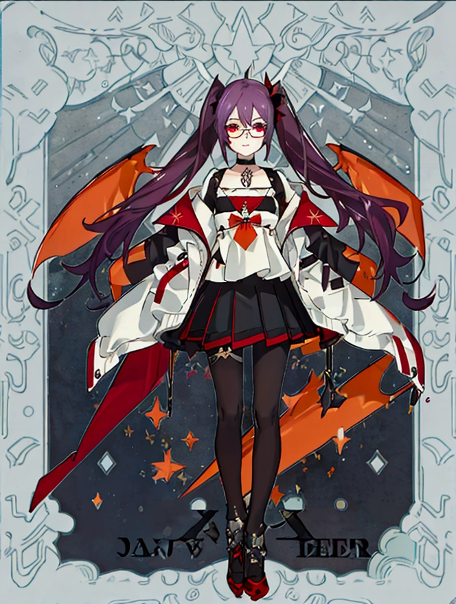 Hair: Purple hair styled into a high side ponytail on the right side with bat wing-like decorations. Eyes: Red eyes with glasses. Outfit: White jacket with black cuffs and collar, worn over an orange top. The character also has a red and black skirt with a unique design, featuring a red, crisscrossed flap on the left side, and black pants underneath. Accessories: A collar or choker around the neck. Expression: Neutral expression with a small fanged tooth visible, giving a hint of a vampiric or mischievous nature. The character has a distinct and stylish appearance, blending elements of casual and fantasy attire.