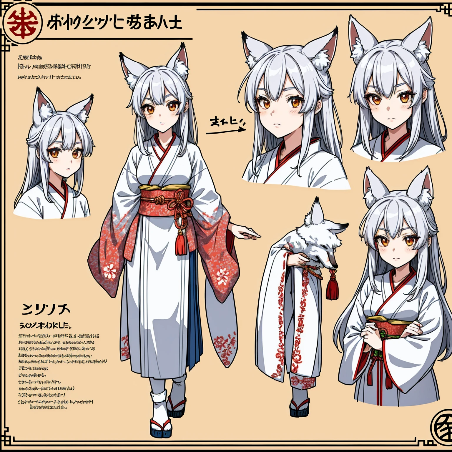 Character Sheet, A graceful wild fox girl with mostly silver hair, Japanese Shrine Maiden Costume, variation, Highest quality, pixel