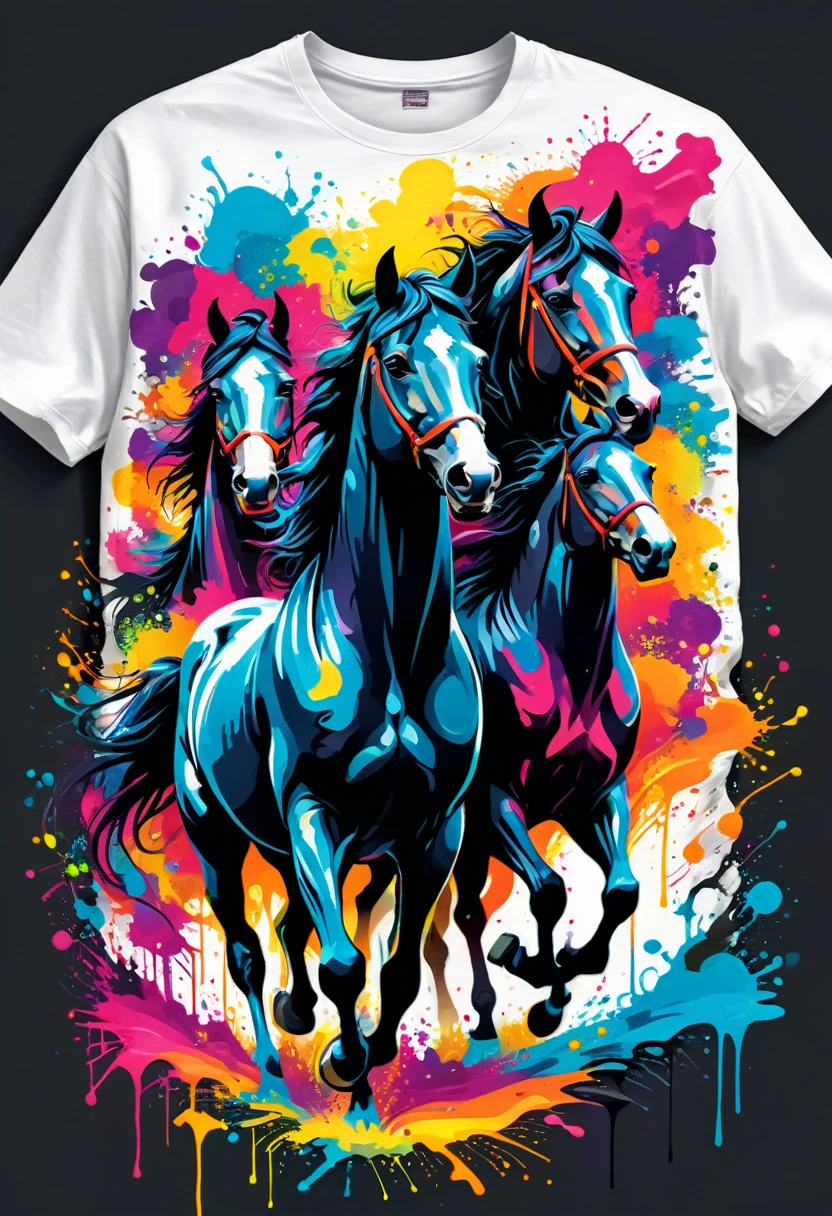 A t-shirt with vector art, downtown, colorful illustration of black horses, downtown, swirly vibrant colors, paint splashes and smears, high détail,White background, (work of art, best qualityer, proffesional, perfect composition, very aesthetic, absurdrez, super verbose, details Intricate:1.3)