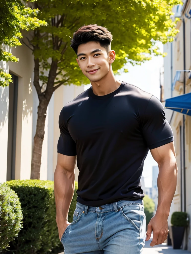 man , Brown t-shirt, jeans, black short hair , outdoor , cute smile , หน้าhandsomeแบบเกาหลีสมจริง , modest muscles , Masterpiece、High resolution、Surreal、detailed face、alone、man、Glowing skin、(Asia)、handsome、tall building background