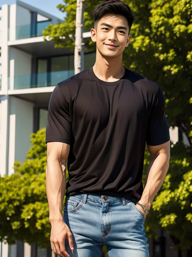 man , Brown t-shirt, jeans, black short hair , outdoor , cute smile , หน้าhandsomeแบบเกาหลีสมจริง , modest muscles , Masterpiece、High resolution、Surreal、detailed face、alone、man、Glowing skin、(Asia)、handsome、tall building background