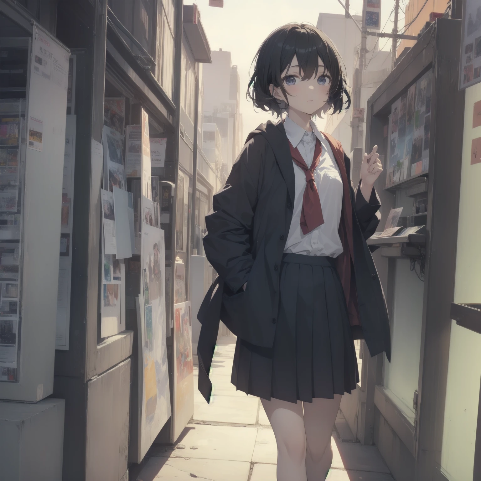 ultra-absurdres-Top quality by artist God, ultra-detailed, high resolution, anime moe artstyle, best anime 8k konachan wallpaper, pixiv contest winner, pool:2810, perfect anatomy,break, 1girl, (Please draw a girl walking sleepily to school alone. )break,(Solo,little female, 13-year-old:1.3),Full limbs, complete fingers,a junior high school student, (very short hair), short cut, flat chest, , small butt, small black eyes, beautiful detailed eyes, well-proportioned iris and pupils, expressive eyes, highres detailed hair, soft expression, salor school_uniform, sailor collar, serahuku, bow, pleated skirt,(Detailed Lighting), (Detailed background), in the School commute route. break,super detailed skin, Best cinematic lighting powered by famous artist, 8k,beauty illustration,photoshop_(medium),very aesthetic,break,((artist:yuuhagi_(amaretto-no-natsu) )), artist:clamp ,artist:carnelian ,artist:kantoku ,