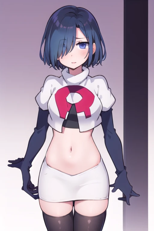 1girl,  kirishima touka, blue hair, hair over one eye, blue eyes, team rocket,team rocket uniform,white skirt,red letter R,crop top,black thigh-highs,black elbow gloves